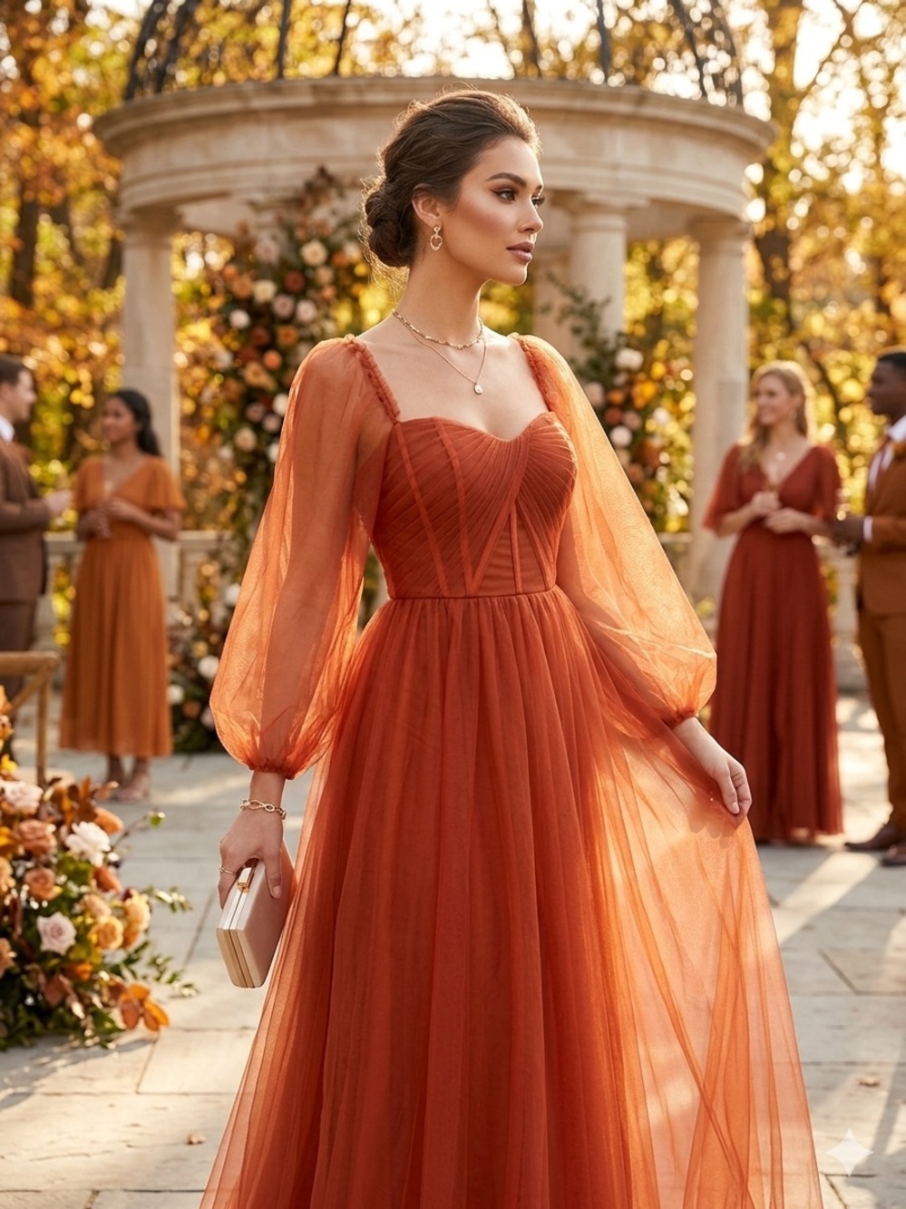 Romantic Burnt Orange Maxi Tulle Dress with Sheer Bishop Sleeves